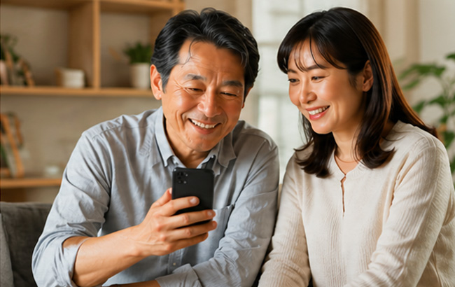 父と娘がスマホを一緒に操作している様子